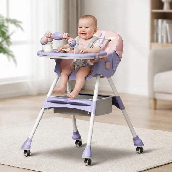 LHUAI, Foldable Baby High Chair, 4 in 1 Convertible High Chairs, With 5-Point Safety Harness, Adjustable Dining Tray & Backrest & Height, Easy To Clean Surface, For Babies And Toddlers, Purple