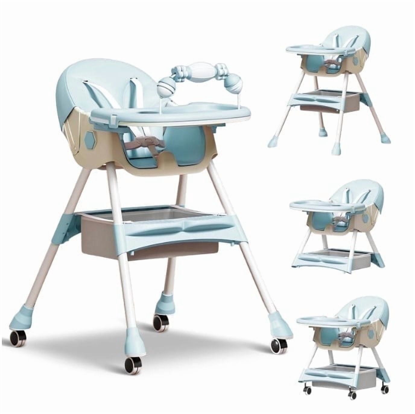 LHUAI, Foldable Baby High Chair, 4 in 1 Convertible High Chairs, With 5-Point Safety Harness, Adjustable Dining Tray & Backrest & Height, Easy To Clean Surface, For Babies And Toddlers, Light Blue