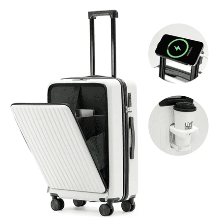 LHUAI, PC Hardside Luggage Suitcase With Spinner Wheels, Telescopic Handle, Carry-On 20-Inch, White