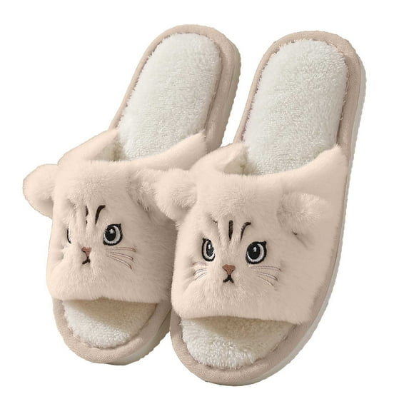 LHUnf Fuzzy Slippers For Women House Indoor Cozy Winter Slippers Indoor Shoes With Adorable Cat Print Design Bedroom Winter Shoes