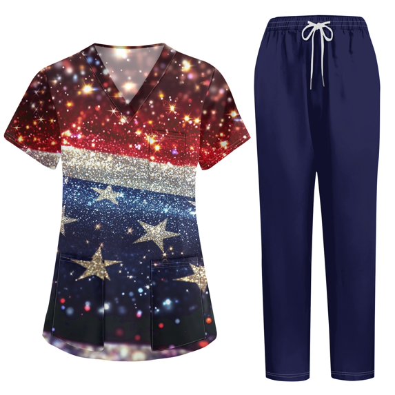 LHVUOA 4th fo July Scrub Sets for Women V-Neck Scrub Short Sleeve Shirts with Pockets Patriotic Nursing Uniform Independence Day Scrub Set