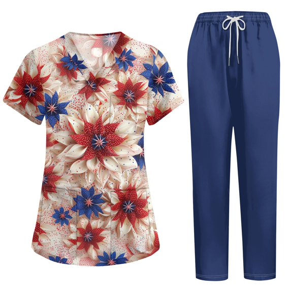 LHVUOA 4th of July Scrubs Set for Women Scrubs Top Classic V-Neck with Pockets Independence Day Scrub Top & Jogger Pant