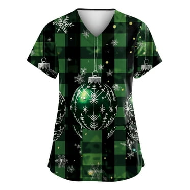 LHVUOA Christmas Scrub Tops Women Plus Size Nursing Uniforms V-Neck Short Sleeve Fun Printed Scrubs Top Army Green XXXL