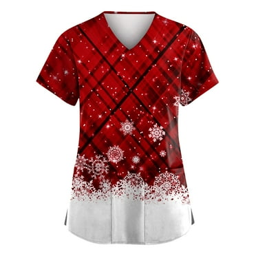 LHVUOA Christmas Scrub Tops for Women Cute Chirstmas Print Short Sleeve V Neck Casual Shirts with Pockets