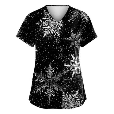 LHVUOA Christmas Scrub Tops for Women Cute Chirstmas Print Short Sleeve V Neck Workwear with Pockets
