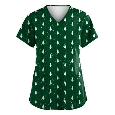 LHVUOA Christmas Scrubs Top for Women Short Sleeves Nurse Working V Neck Uniform Casual Shirts with Pockets
