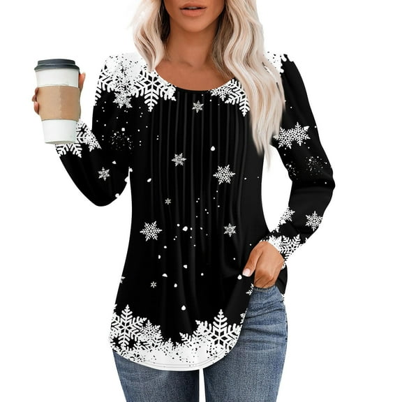 LHVUOA Christmas Tunics for Women Dressy Casual Blouses Pleated Scooped Neck Tunic Tops Christmas Print Plus Size Tees