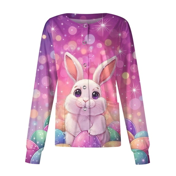 LHVUOA Easter Scrub Shirts for Women Scrubs Top Jacket Snap Front Cute Bunny Printed Long Sleeve Nursing Uniform Shirts with Pockets