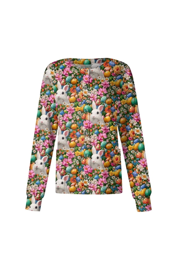 Easter Womens Warm Up Scrub Jacket Long Sleeve Snap Front Cute Bunny Printed Nursing Uniform Shirts with Pockets