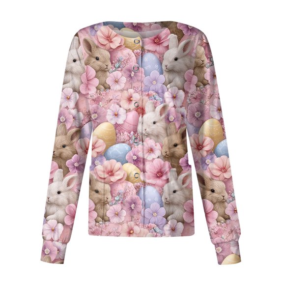 LHVUOA Easter Womens Warm Up Scrubs Jacket Spring Scrub Jackets Funny Bunny Pattern Long Sleeve Scrubs Tops Working Nurse Uniforms with Pockets