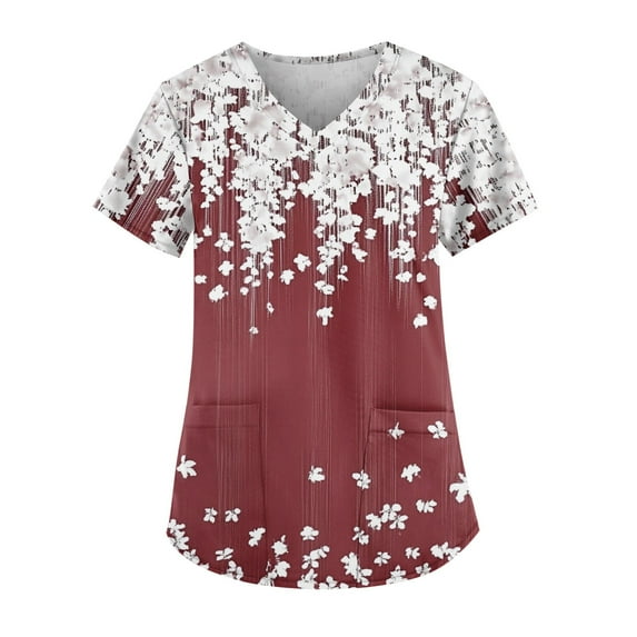 LHVUOA Floral Scrubs for Women Floral Print Scrub Tops Plus Size Stretch V Neck T Shirts Comfy Working Uniforms with Pockets