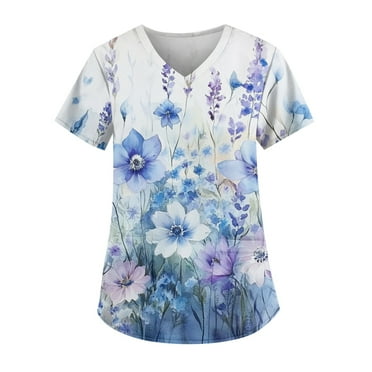 LHVUOA Floral Scrubs for Women Floral Print Scrub Tops Plus Size Stretch V Neck T Shirts Soft Nurse Uniform Overalls with Pockets