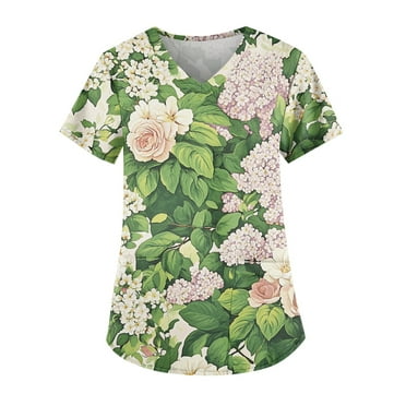 LHVUOA Floral Scrubs for Women Floral Print Scrub Tops Plus Size Stretch V Neck T Shirts Soft Nurse Uniform Overalls with Pockets