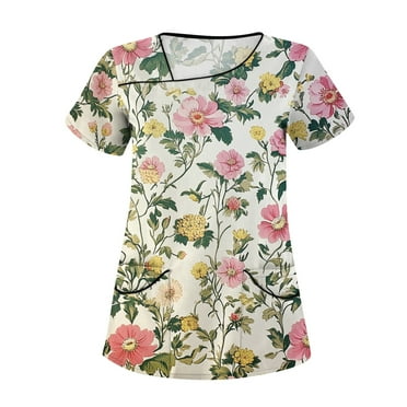 LHVUOA Floral Scrubs for Women Floral Printed Diagonal Collar Short Sleeve T Shirts Soft Nurse Uniform Overalls with Pockets