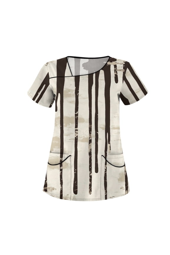 Floral Scrubs for Women Stretch Kids Friendly Soft Comfy Short Sleeve Slant Collar Shirts Nursing Tops with Pockets