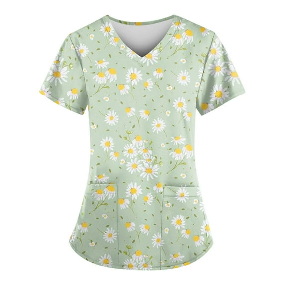 LHVUOA Floral Scrubs for Women Stretch Kids Friendly Soft Comfy Short Sleeve V Neck Shirts Nursing Work Clothes with Pockets