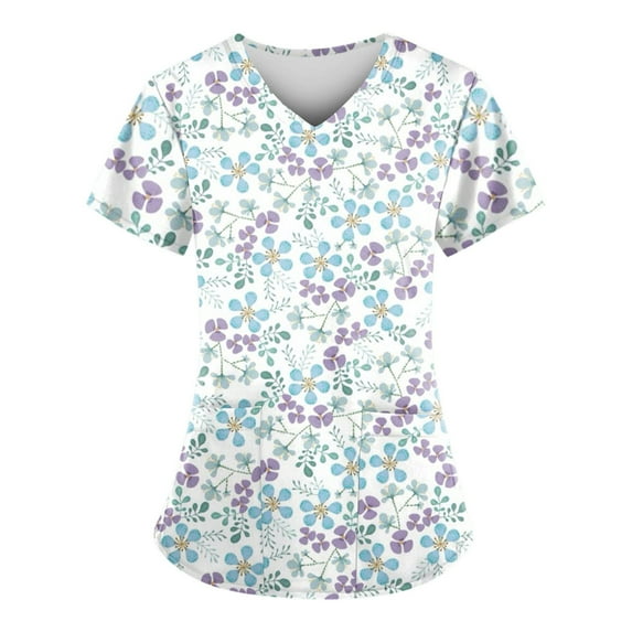 LHVUOA Floral Scrubs for Women Stretch Kids Friendly Soft Comfy Short Sleeve V Neck Shirts Nursing Work Clothes with Pockets