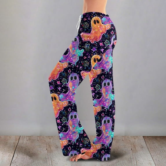 LHVUOA Halloween Lounge Pajama Pants for Women Wide Leg Funny Halloween Graphic Pjs Comfortable Elastic Waist Pants with Pockets