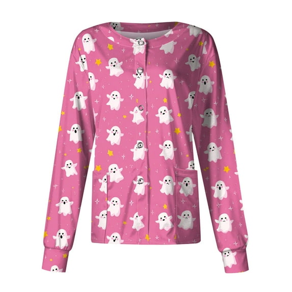 LHVUOA Halloween Scrub Jackets for Women Funny Halloween Printed Working Jackets Scrub Tops Workwear Nursing Uniforms with Pockets