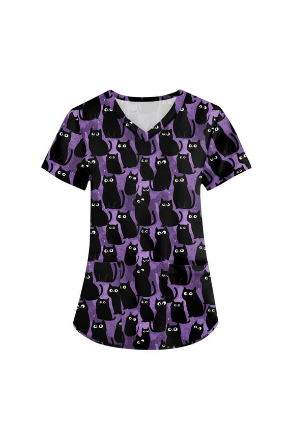 Halloween Scrubs for Women Working Nursing Uniform Short Sleeve V Neck Pumpkin Ghost Holiday Print Tunic Scrubs Cute Halloween Blouse T-Shirts Tee Tops