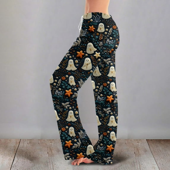 LHVUOA Halloween Womens Pajama Pants Wide Leg Funny Graphic Pjs Comfy Bottoms with Pockets