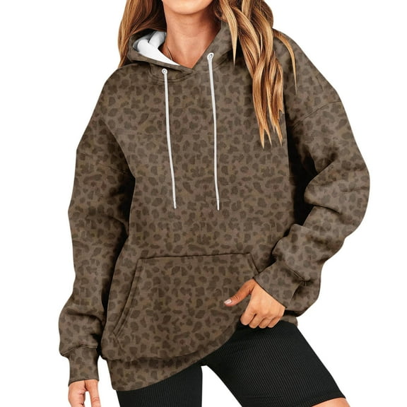 LHVUOA Hoodie Womens Fall Oversized Sweatshirt Leopard print Drawstring Trendy Camo Shirt Clothes With Pockets