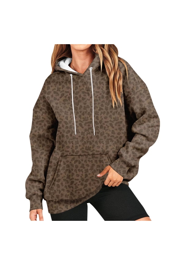 Hoodie Womens Fall Oversized Sweatshirt Leopard print Drawstring Trendy Camo Shirt Clothes With Pockets