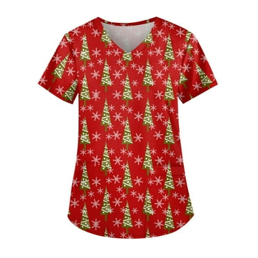 LHVUOA Plus Size Scrubs for Women Christmas Santas Prints, Short Sleeve Cozy Nursing uniforms overalls with pockets