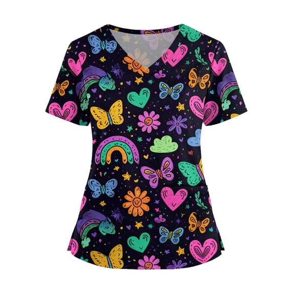 LHVUOA Plus Size Scrubs for Women Stretch Funny Kitty and Clouds Print Short Sleeve V Neck Working Uniform with Pockets