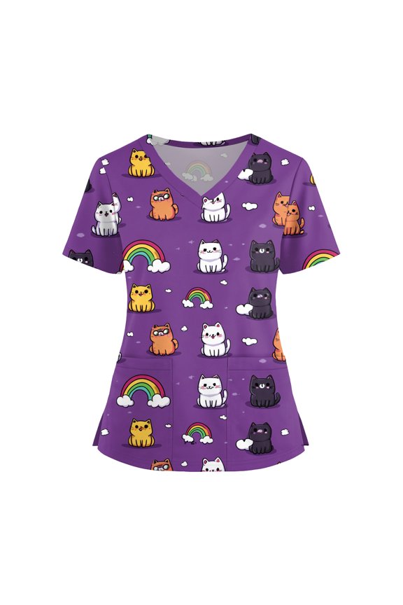 Plus Size Scrubs for Women Stretch Funny Kitty and Clouds Print Short Sleeve V Neck Working Uniform with Pockets
