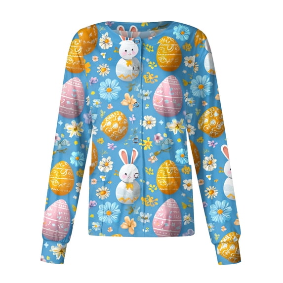 LHVUOA Scrub Jacket for Women Easter Cute Bunny Print Spring Scrub Jackets Long Sleeve Nursing Uniform Shirts with Pockets