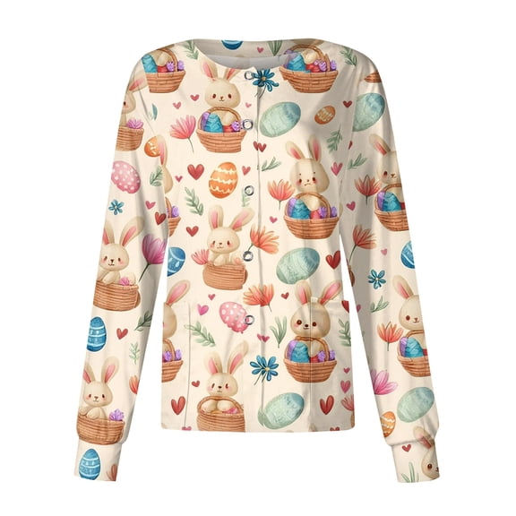 LHVUOA Scrub Jacket for Women Easter Cute Bunny Print Spring Scrub Jackets Long Sleeve Nursing Uniform Shirts with Pockets