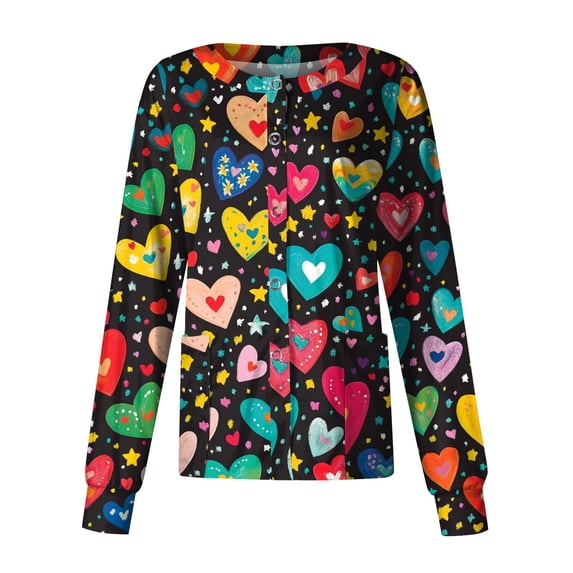 LHVUOA Scrub Jacket for Women Valentine Day Print Funny Love Heart Printed Working Jacket Nurse Uniforms Workwear Tops with Pockets