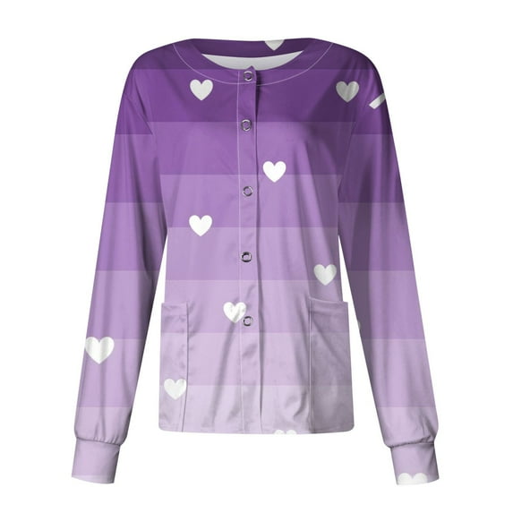 LHVUOA Scrub Jacket for Women Valentine Day Print Funny Love Heart Printed Working Jacket Nursing Uniform Shirts with Pockets
