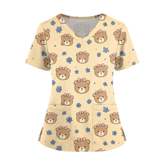 LHVUOA Scrub Tops Women Cute Kitty Dog Print Scrub Tops Plus Size Stretch Nursing Tops Soft Nurse Uniform Shirts with Pockets