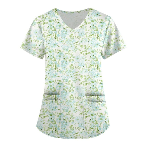 LHVUOA Scrub Tops Women Floral Print Scrub Tops Plus Size Stretch Nursing Tops Soft Nurse Uniform Overalls with Pockets