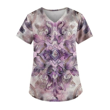 LHVUOA Scrub Tops Women Floral Printed V Neck Short Sleeve T Shirts Nursing Work Clothes with Pockets