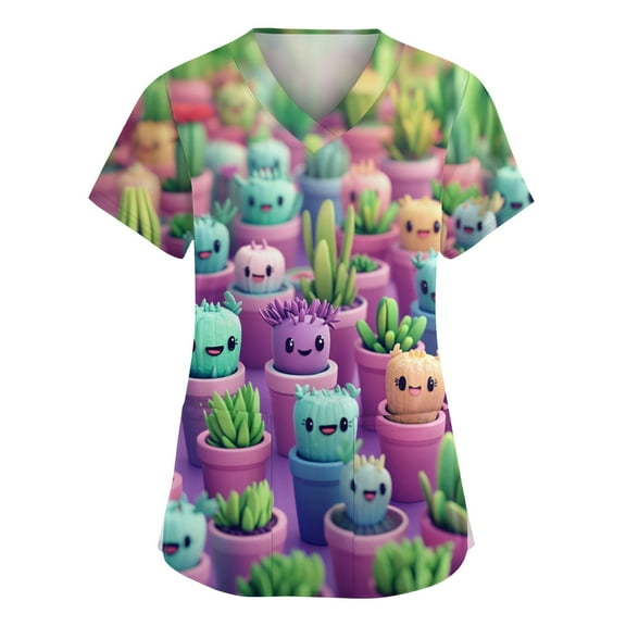 LHVUOA Scrub Tops Women Short Sleeve V Neck Tops with Cute Printed Plus Size Loose Fit Nursing Uniforms