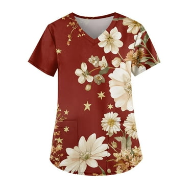 LHVUOA Scrub Tops Women Stretch Kids Friendly Soft Comfy Short Sleeve V Neck Shirts Working Uniform with Pockets