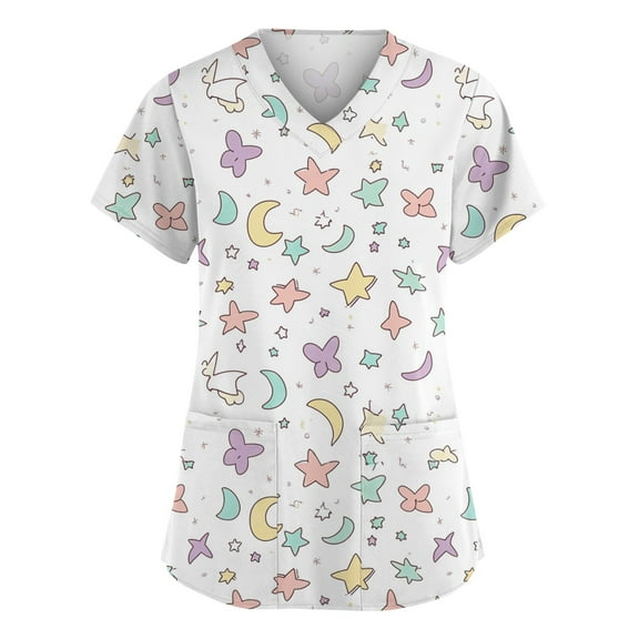 LHVUOA Scrub Tops Women Stretchy Funny Printed V Neck Workwears Cozyfit Scrubs for Women