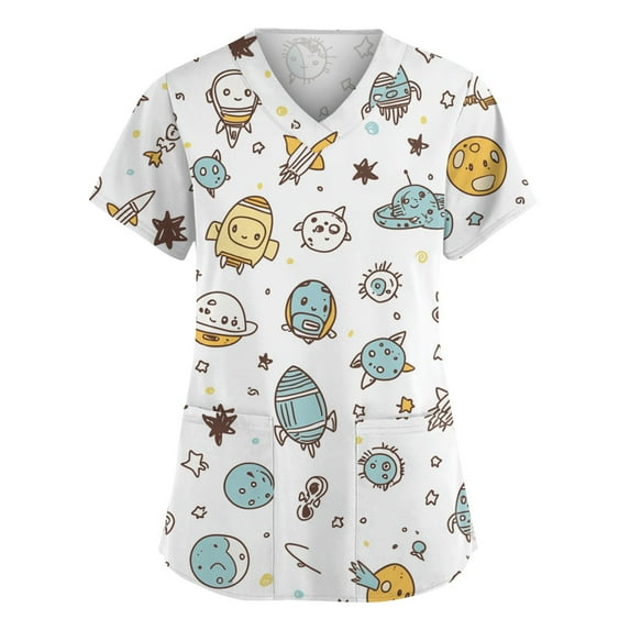 LHVUOA Scrub Tops Women Stretchy Short Sleeve Funny Graphic Printed Workwear Plus Size Scrubs for Women Stretch