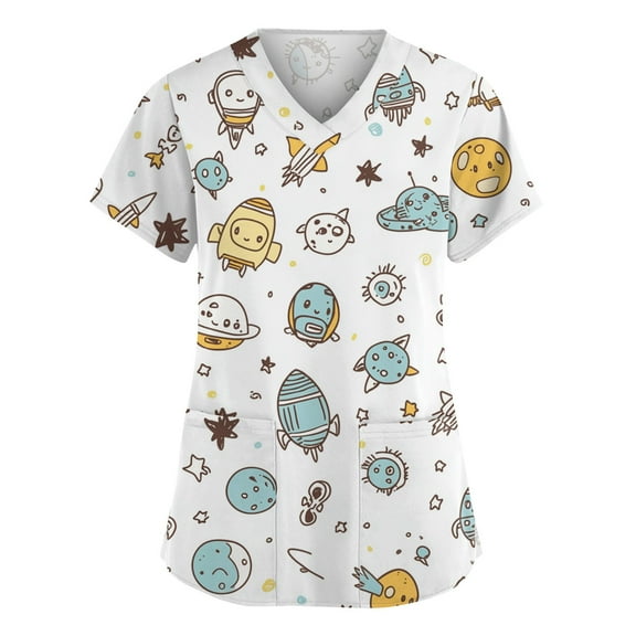 LHVUOA Scrub Tops Women Stretchy Short Sleeve Funny Graphic Printed Workwear Plus Size Scrubs for Women Stretch