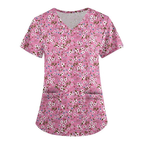 LHVUOA Scrub Tops for Women Casual Floral Printed Short Sleeved Diagonal Collar Shirts Comfy Working Uniforms with Pockets