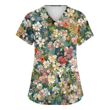 LHVUOA Scrub Tops for Women Print Fashion Floral Print Short Sleeve V Neck Shirts Nursing Tops with Pockets Trendy 2025