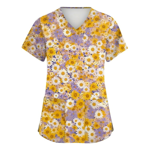 LHVUOA Scrub Tops for Women Print Fashion Floral Print Short Sleeve V Neck Shirts Nursing Tops with Pockets Trendy 2025