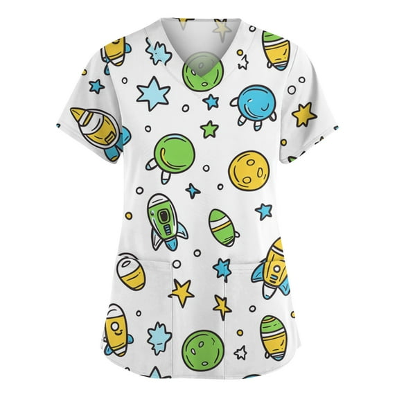 LHVUOA Scrub Tops for Women Short Sleeve V Neck Tops with Cute Printed Cozyfit Scrubs for Women
