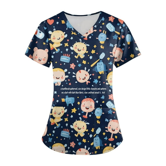 LHVUOA Scrub Tops for Women Short Sleeve V Neck Tops with Cute Printed Cozyfit Scrubs for Women