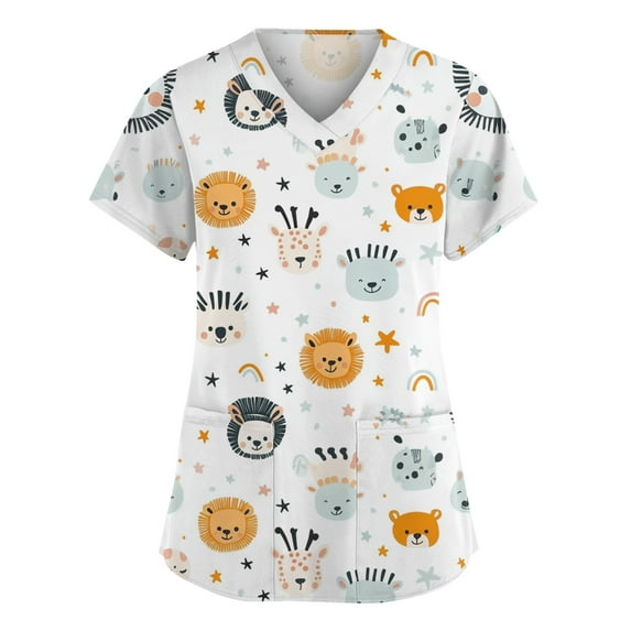 LHVUOA Scrub Tops for Women Short Sleeve V Neck Tops with Cute Printed Cozyfit Scrubs for Women