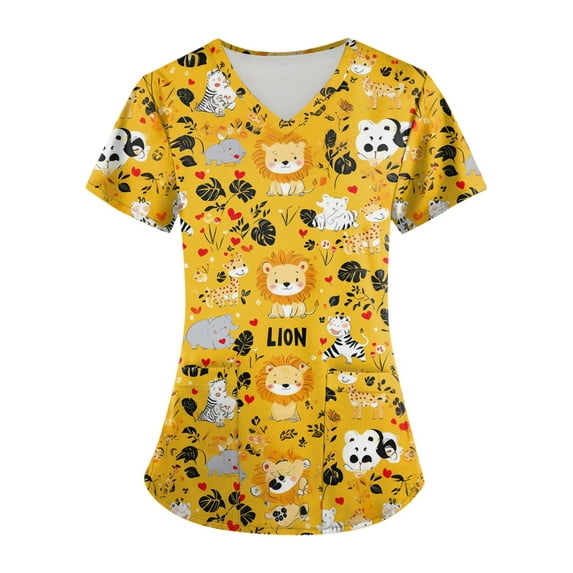 LHVUOA Scrub Tops for Women Short Sleeve V Neck Tops with Cute Printed Cozyfit Scrubs for Women