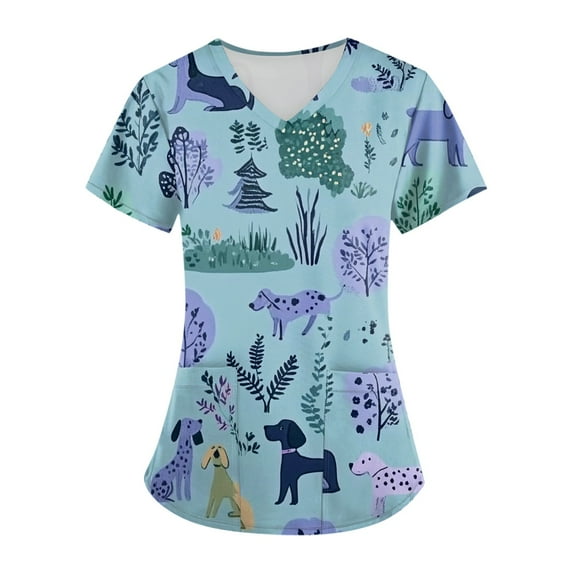 LHVUOA Scrub Tops for Women Short Sleeve V Neck Tops with Cute Printed Cozyfit Scrubs for Women